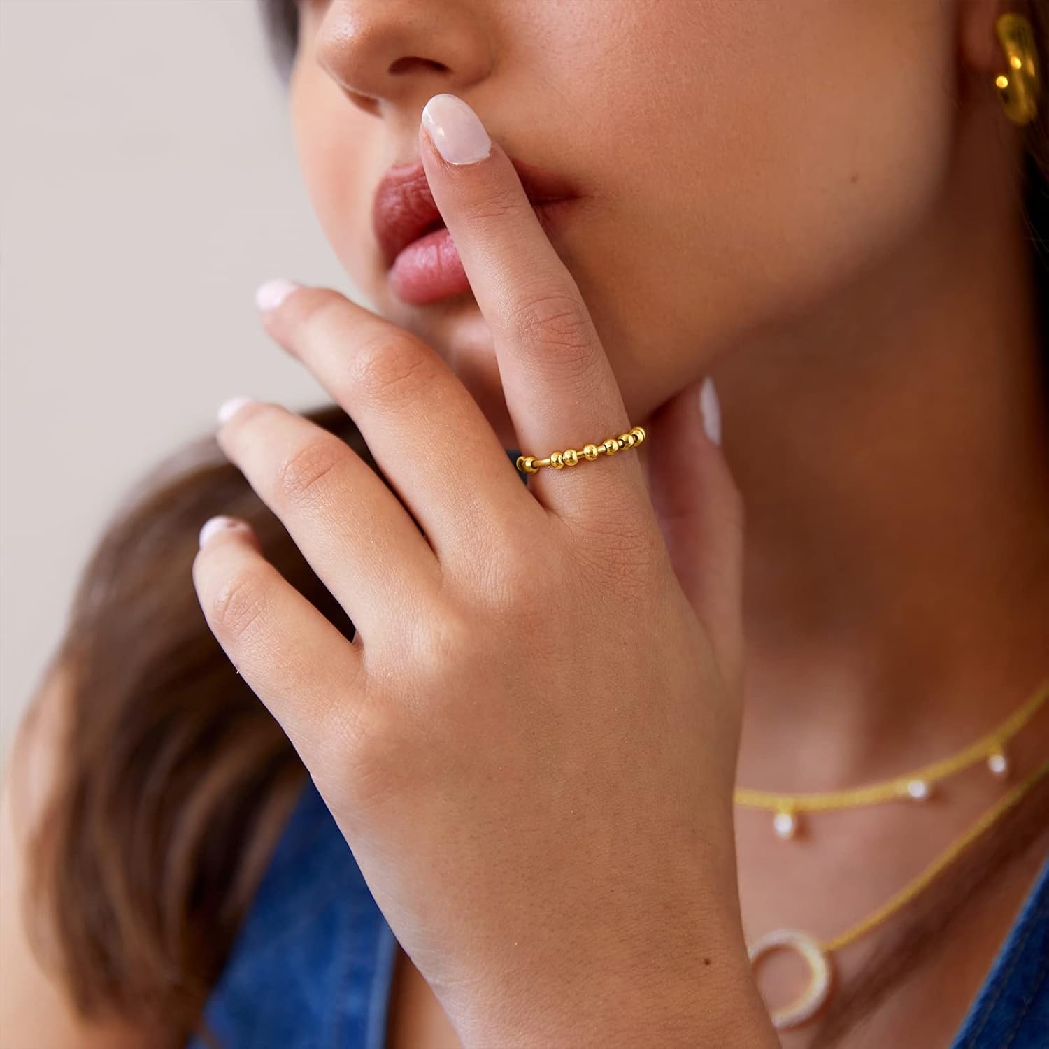 image:imagePAVOI 14K Gold Plated Spinner Anxiety Rings for Women Men Anxiety Bands with Beads Moon Star Beads Ring for WomenWhite Gold