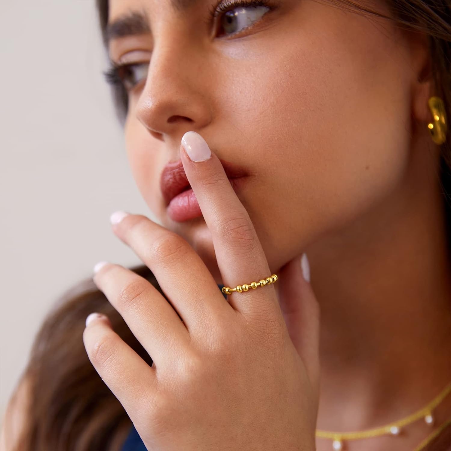 image:imagePAVOI 14K Gold Plated Spinner Anxiety Rings for Women Men Anxiety Bands with Beads Moon Star Beads Ring for WomenWhite Gold