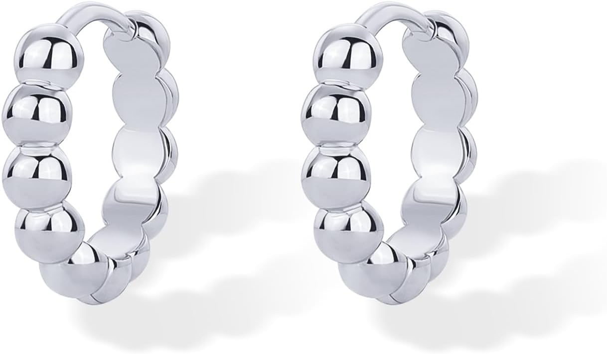 image:imagePAVOI 18K Gold Plated 925 Sterling Silver Posts Beaded Huggie Hoop Earrings for Women Lightweight Gold Hoop EarringsWhite Gold