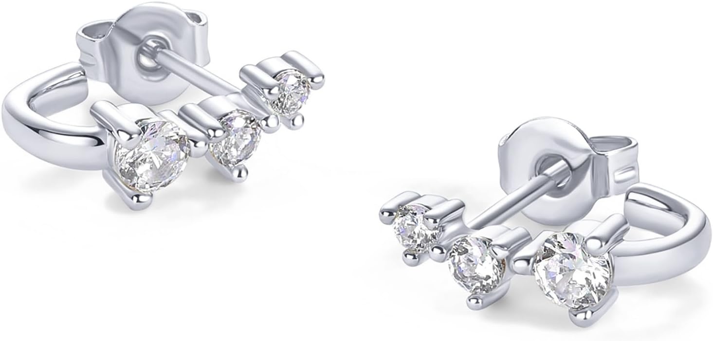 image:imagePAVOI 18K Gold Plated 925 Sterling Silver Posts Cubic Zirconia Half Huggie Earrings Small Hoop Earrings for Women Constellation Baguette CZ Dainty Stud Cuff EarringWhite Gold