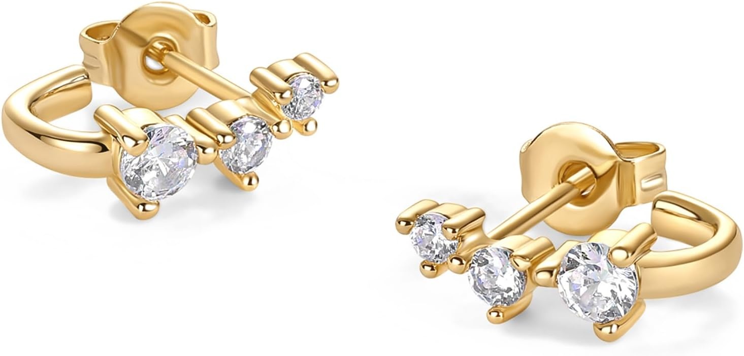 image:imagePAVOI 18K Gold Plated 925 Sterling Silver Posts Cubic Zirconia Half Huggie Earrings Small Hoop Earrings for Women Constellation Baguette CZ Dainty Stud Cuff EarringYellow Gold