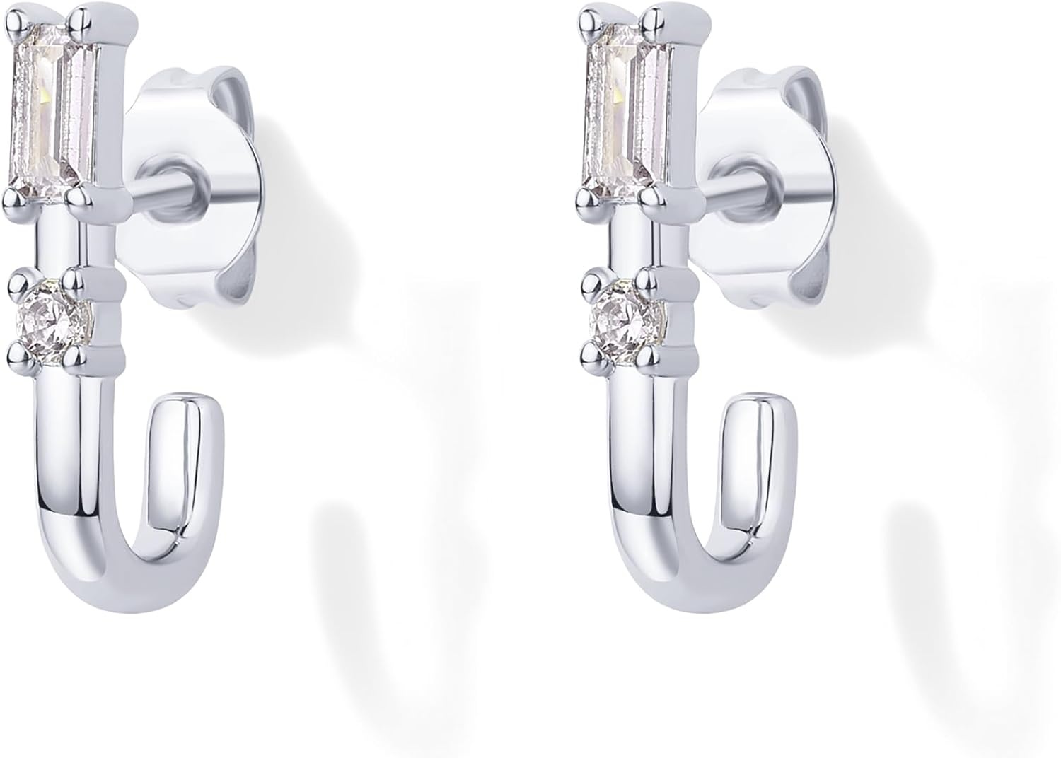 image:imagePAVOI 18K Gold Plated 925 Sterling Silver Posts Cubic Zirconia Half Huggie Earrings Small Hoop Earrings for Women Constellation Baguette CZ Dainty Stud Cuff EarringWhite Gold
