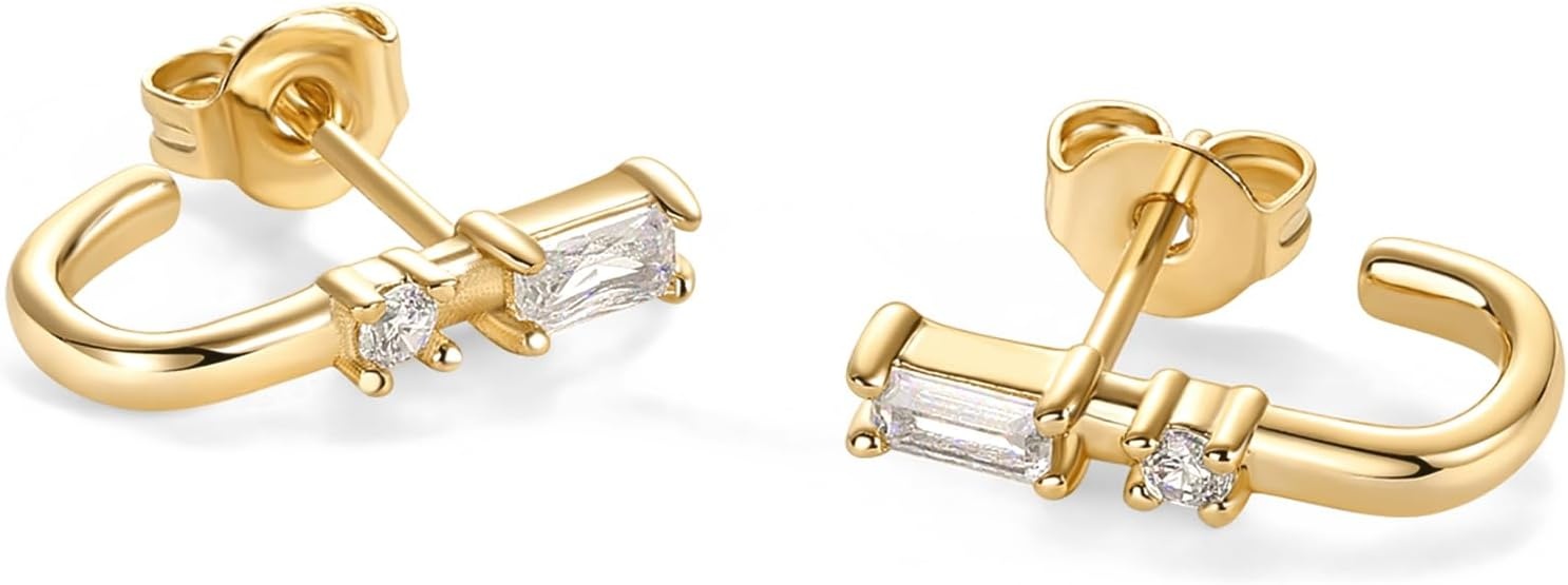 image:imagePAVOI 18K Gold Plated 925 Sterling Silver Posts Cubic Zirconia Half Huggie Earrings Small Hoop Earrings for Women Constellation Baguette CZ Dainty Stud Cuff EarringYellow Gold