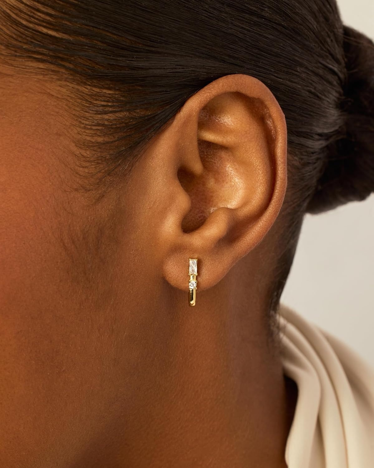 image:imagePAVOI 18K Gold Plated 925 Sterling Silver Posts Cubic Zirconia Half Huggie Earrings Small Hoop Earrings for Women Constellation Baguette CZ Dainty Stud Cuff EarringWhite Gold