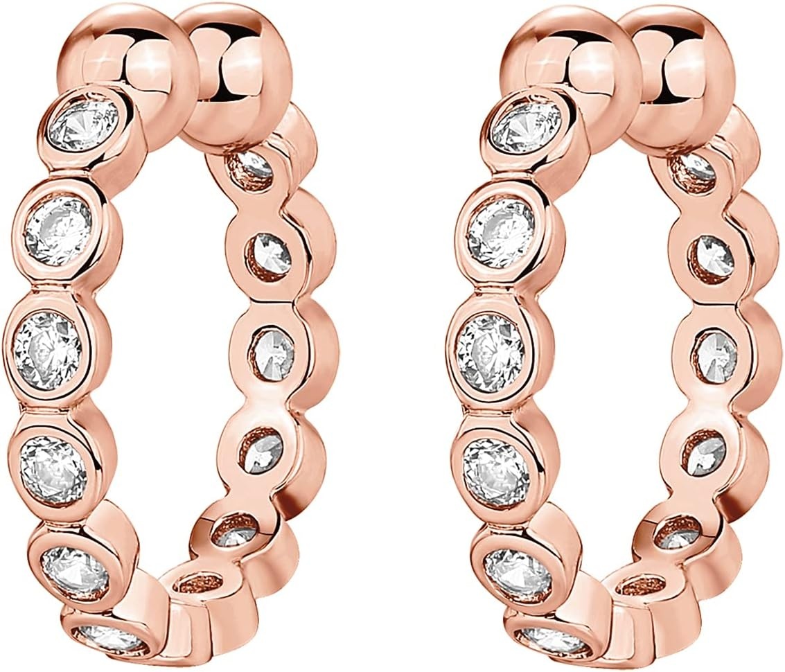 image:imagePAVOI 925 Sterling Silver 14K Gold Plated Cubic Zirconia Sparkling Round Huggie Ear Cuff Gold Earrings for Women Clip On CartilageRose Gold