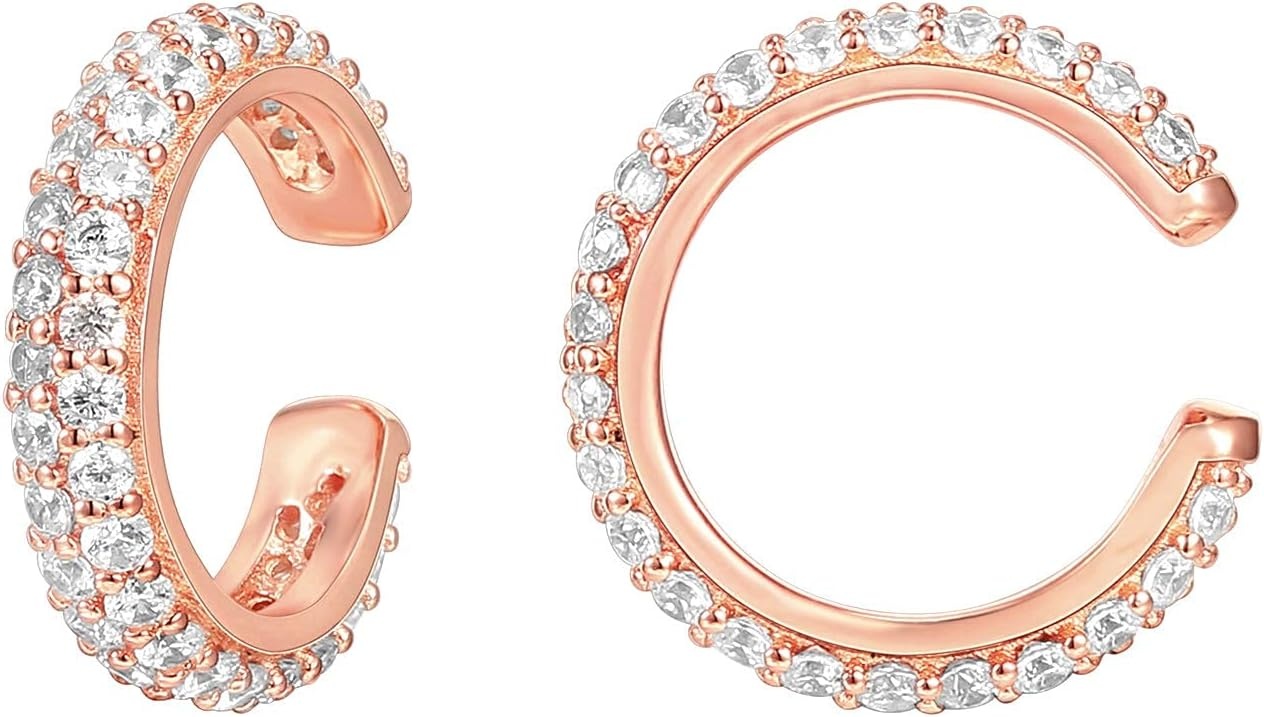 image:imagePAVOI 925 Sterling Silver 14K Gold Plated Cubic Zirconia Sparkling Round Huggie Ear Cuff Gold Earrings for Women Clip On CartilageRose Gold