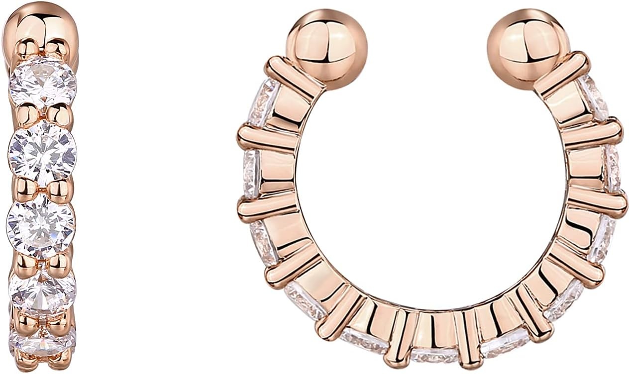 image:imagePAVOI 925 Sterling Silver 14K Gold Plated Cubic Zirconia Sparkling Round Huggie Ear Cuff Gold Earrings for Women Clip On CartilageRose Gold