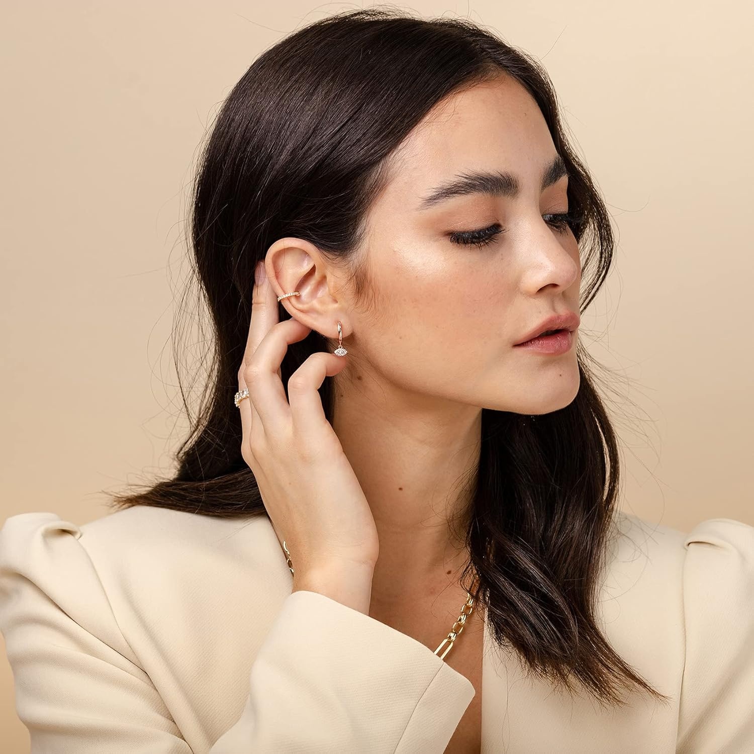 image:imagePAVOI 925 Sterling Silver 14K Gold Plated Cubic Zirconia Sparkling Round Huggie Ear Cuff Gold Earrings for Women Clip On CartilageRose Gold