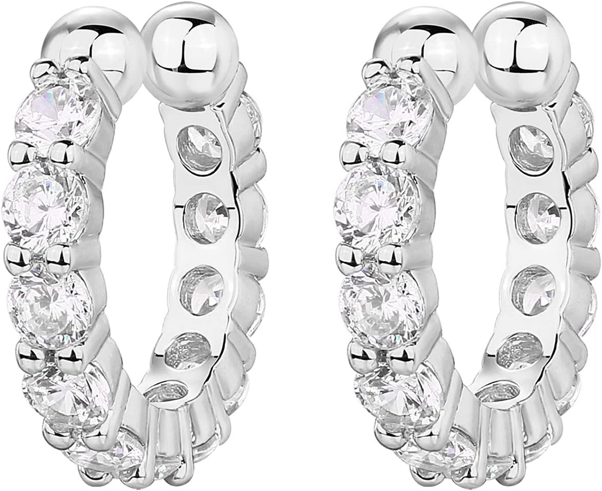image:imagePAVOI 925 Sterling Silver 14K Gold Plated Cubic Zirconia Sparkling Round Huggie Ear Cuff Gold Earrings for Women Clip On CartilageWhite Gold