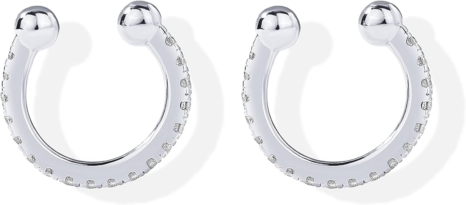 image:imagePAVOI 925 Sterling Silver 14K Gold Plated Cubic Zirconia Sparkling Round Huggie Ear Cuff Gold Earrings for Women Clip On CartilageWhite Gold