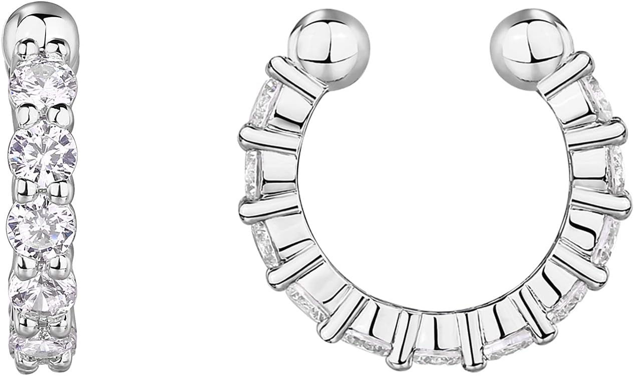 image:imagePAVOI 925 Sterling Silver 14K Gold Plated Cubic Zirconia Sparkling Round Huggie Ear Cuff Gold Earrings for Women Clip On CartilageWhite Gold