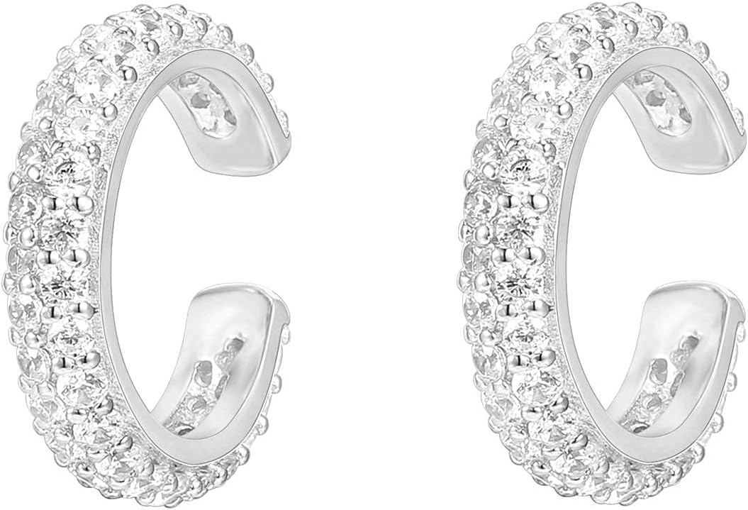 image:imagePAVOI 925 Sterling Silver 14K Gold Plated Cubic Zirconia Sparkling Round Huggie Ear Cuff Gold Earrings for Women Clip On CartilageWhite Gold