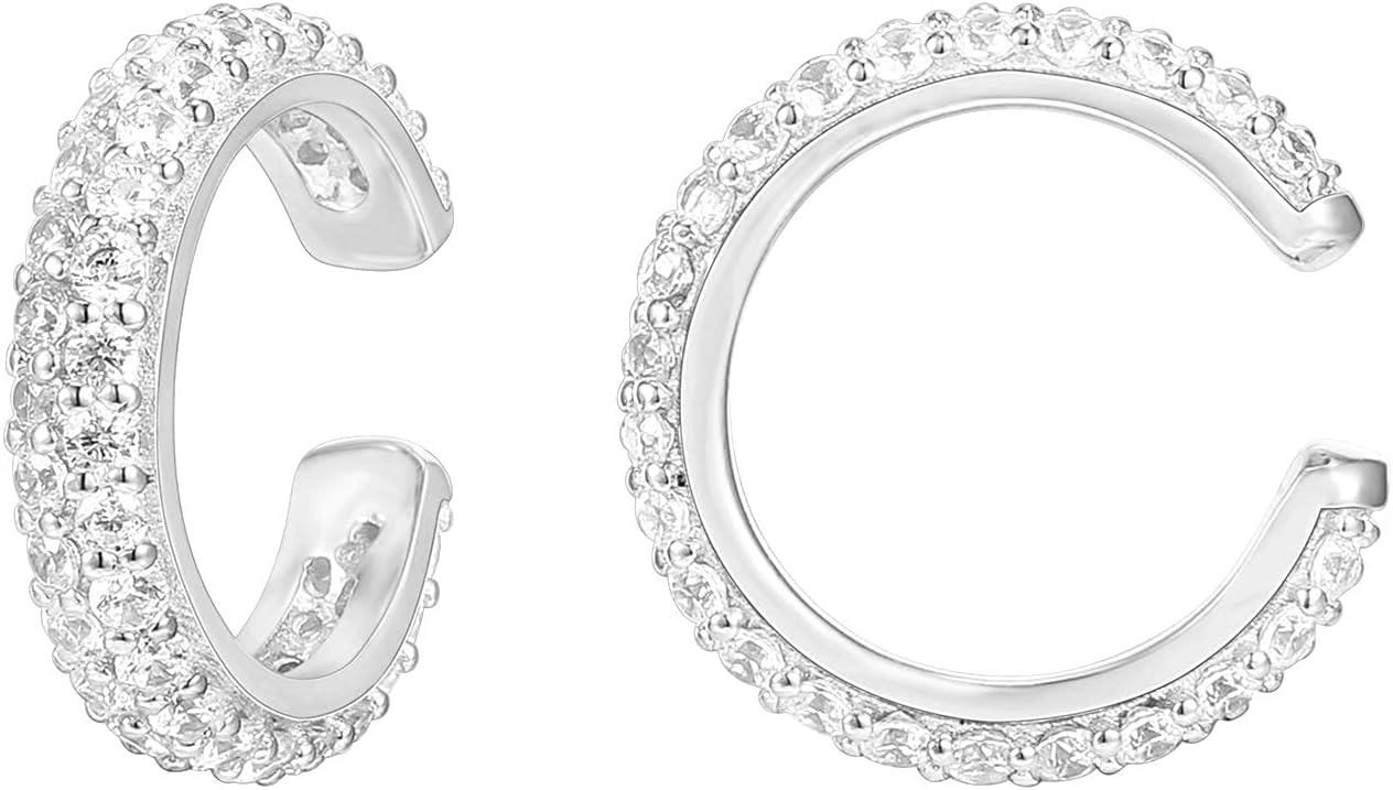 image:imagePAVOI 925 Sterling Silver 14K Gold Plated Cubic Zirconia Sparkling Round Huggie Ear Cuff Gold Earrings for Women Clip On CartilageWhite Gold