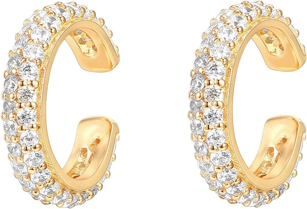 image:imagePAVOI 925 Sterling Silver 14K Gold Plated Cubic Zirconia Sparkling Round Huggie Ear Cuff Gold Earrings for Women Clip On CartilageYellow Gold