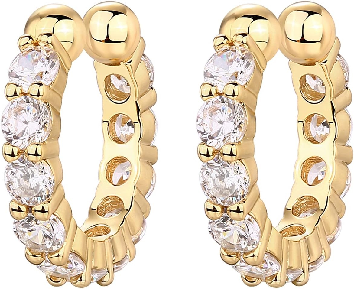 image:imagePAVOI 925 Sterling Silver 14K Gold Plated Cubic Zirconia Sparkling Round Huggie Ear Cuff Gold Earrings for Women Clip On CartilageYellow Gold