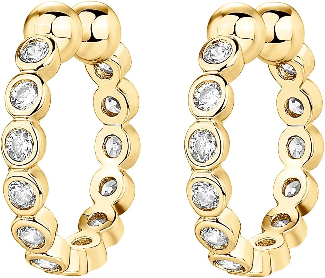 image:imagePAVOI 925 Sterling Silver 14K Gold Plated Cubic Zirconia Sparkling Round Huggie Ear Cuff Gold Earrings for Women Clip On CartilageYellow Gold