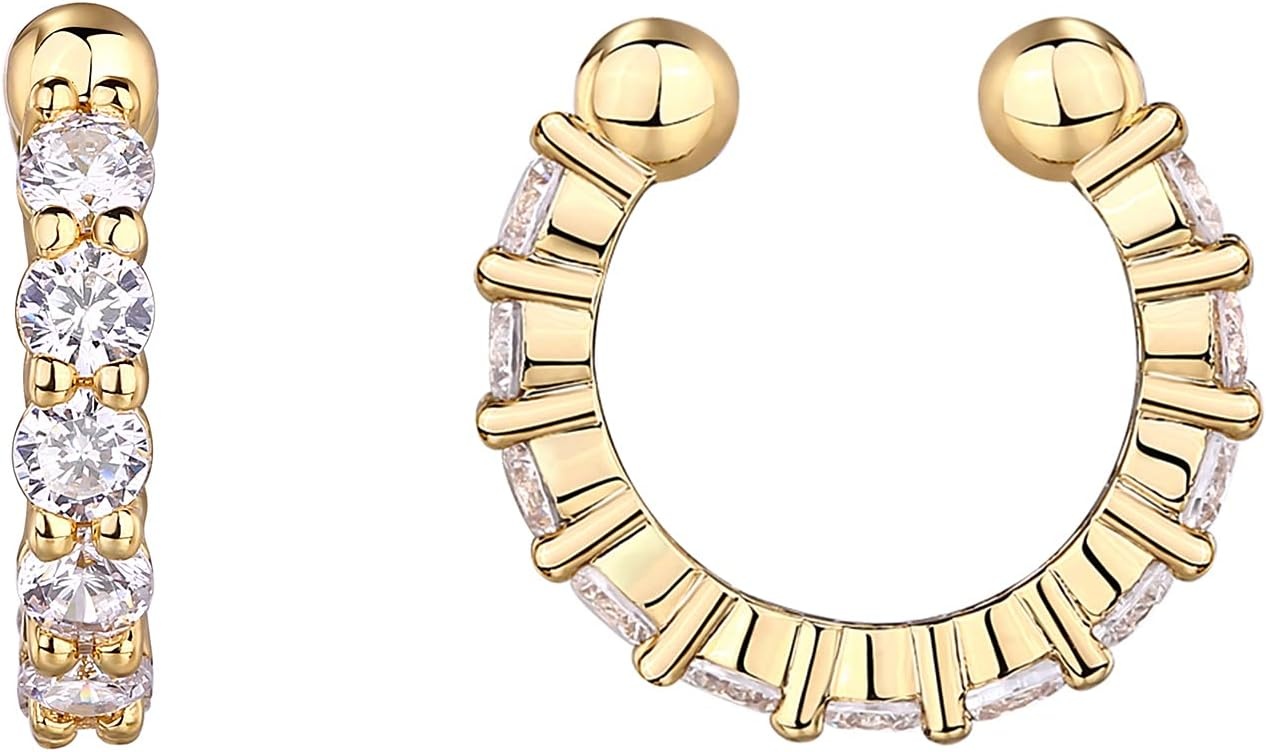 image:imagePAVOI 925 Sterling Silver 14K Gold Plated Cubic Zirconia Sparkling Round Huggie Ear Cuff Gold Earrings for Women Clip On CartilageYellow Gold