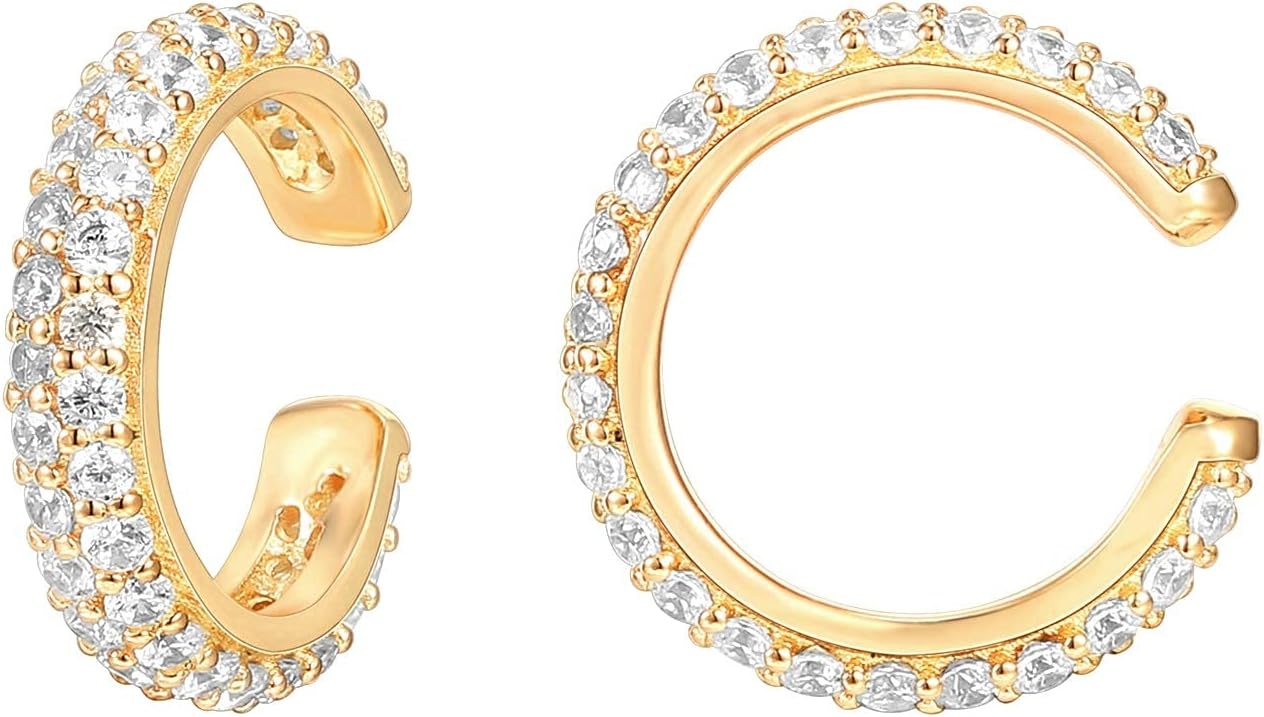 image:imagePAVOI 925 Sterling Silver 14K Gold Plated Cubic Zirconia Sparkling Round Huggie Ear Cuff Gold Earrings for Women Clip On CartilageYellow Gold