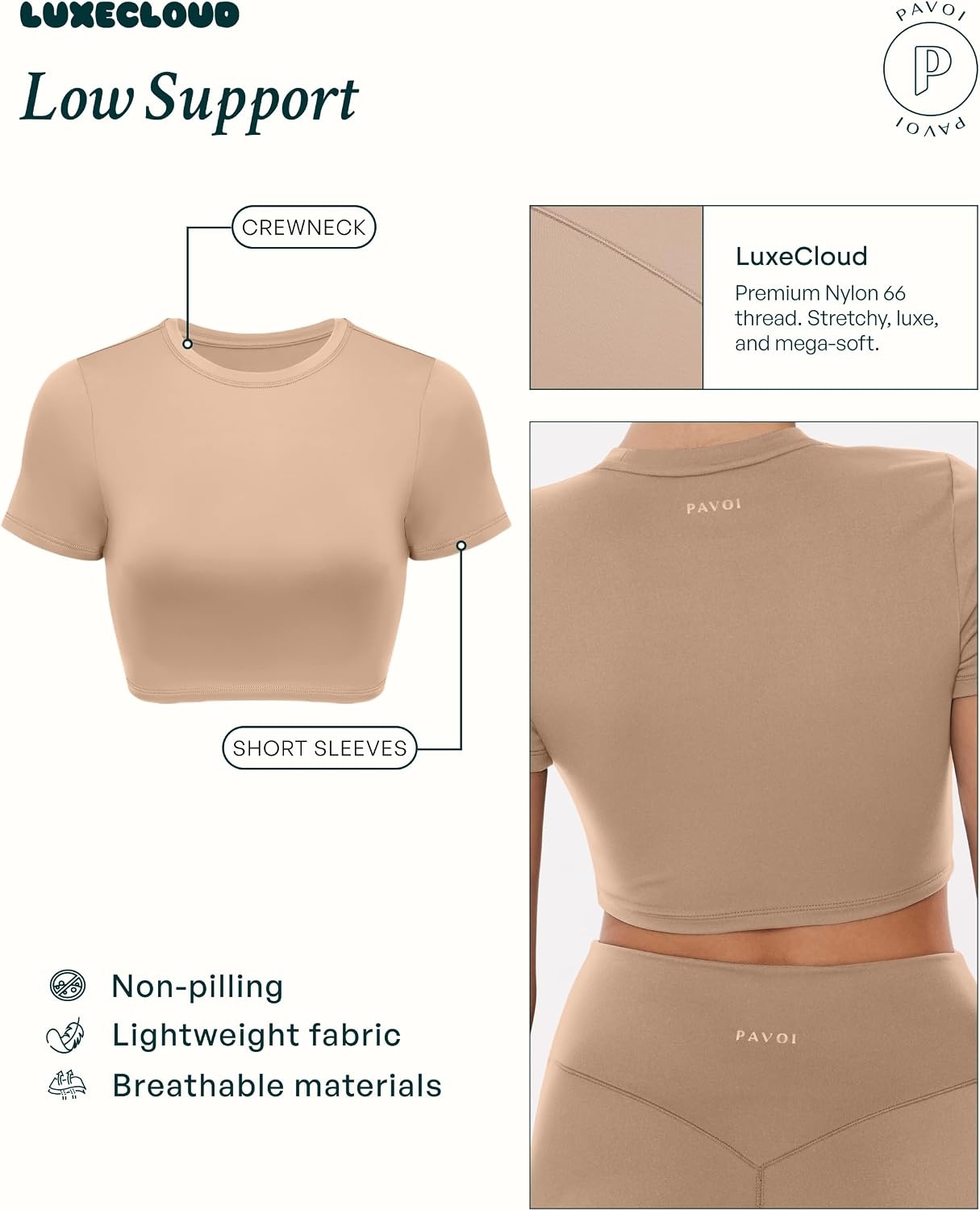 image:imagePAVOI ACTIVE Athleisure Crop Tee Low Support Crew Neck Short Cap Sleeves Lounge Workout Womens Cropped Top LuxeCloudSand