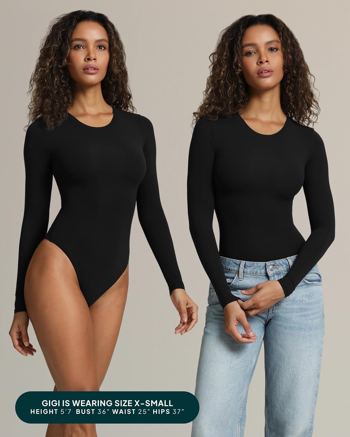 image:imagePAVOI ACTIVE Buttery Soft Long Sleeve Body Suits for Women Double Lined Thong Bodysuits Top Crew Neck Everyday EssentialsBlack