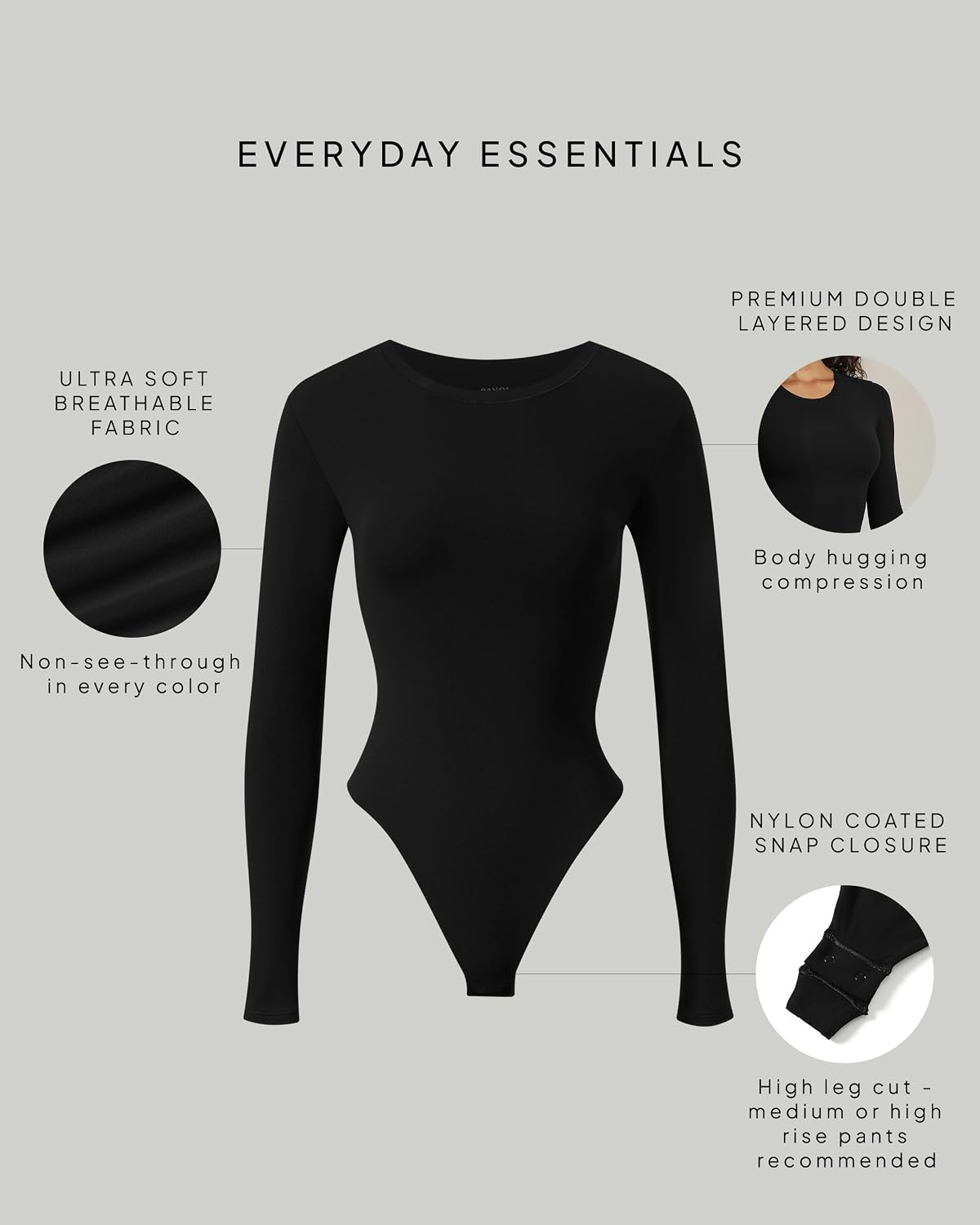 image:imagePAVOI ACTIVE Buttery Soft Long Sleeve Body Suits for Women Double Lined Thong Bodysuits Top Crew Neck Everyday EssentialsBlack