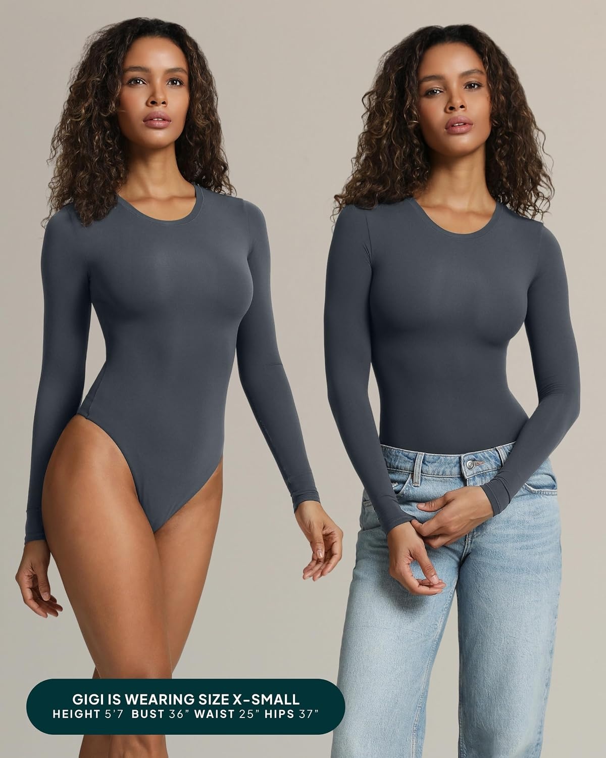 image:imagePAVOI ACTIVE Buttery Soft Long Sleeve Body Suits for Women Double Lined Thong Bodysuits Top Crew Neck Everyday EssentialsThunder