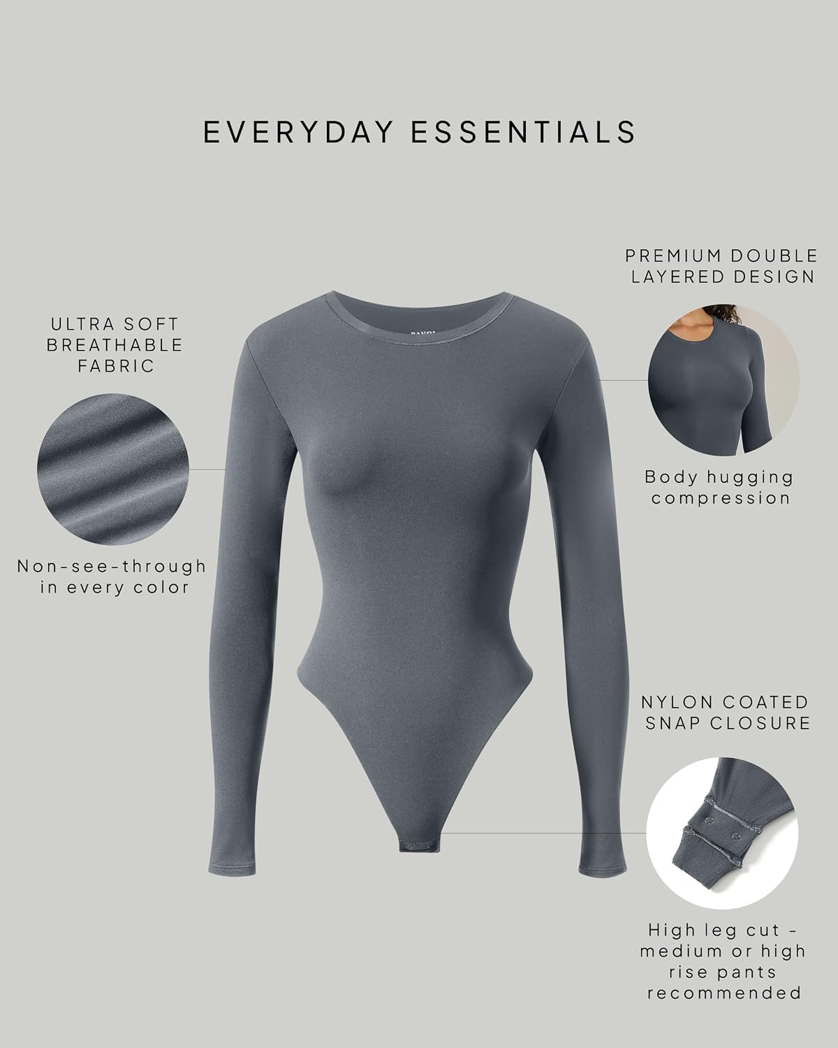 image:imagePAVOI ACTIVE Buttery Soft Long Sleeve Body Suits for Women Double Lined Thong Bodysuits Top Crew Neck Everyday EssentialsThunder