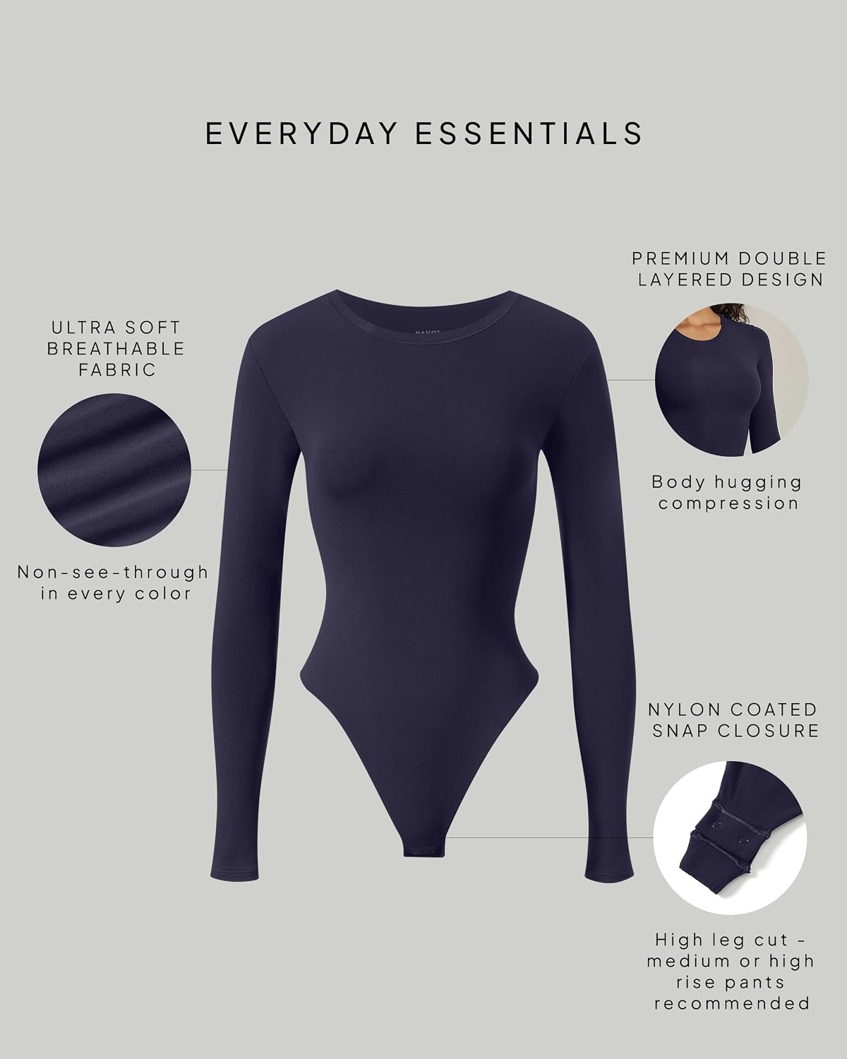 image:imagePAVOI ACTIVE Buttery Soft Long Sleeve Body Suits for Women Double Lined Thong Bodysuits Top Crew Neck Everyday EssentialsTwilight