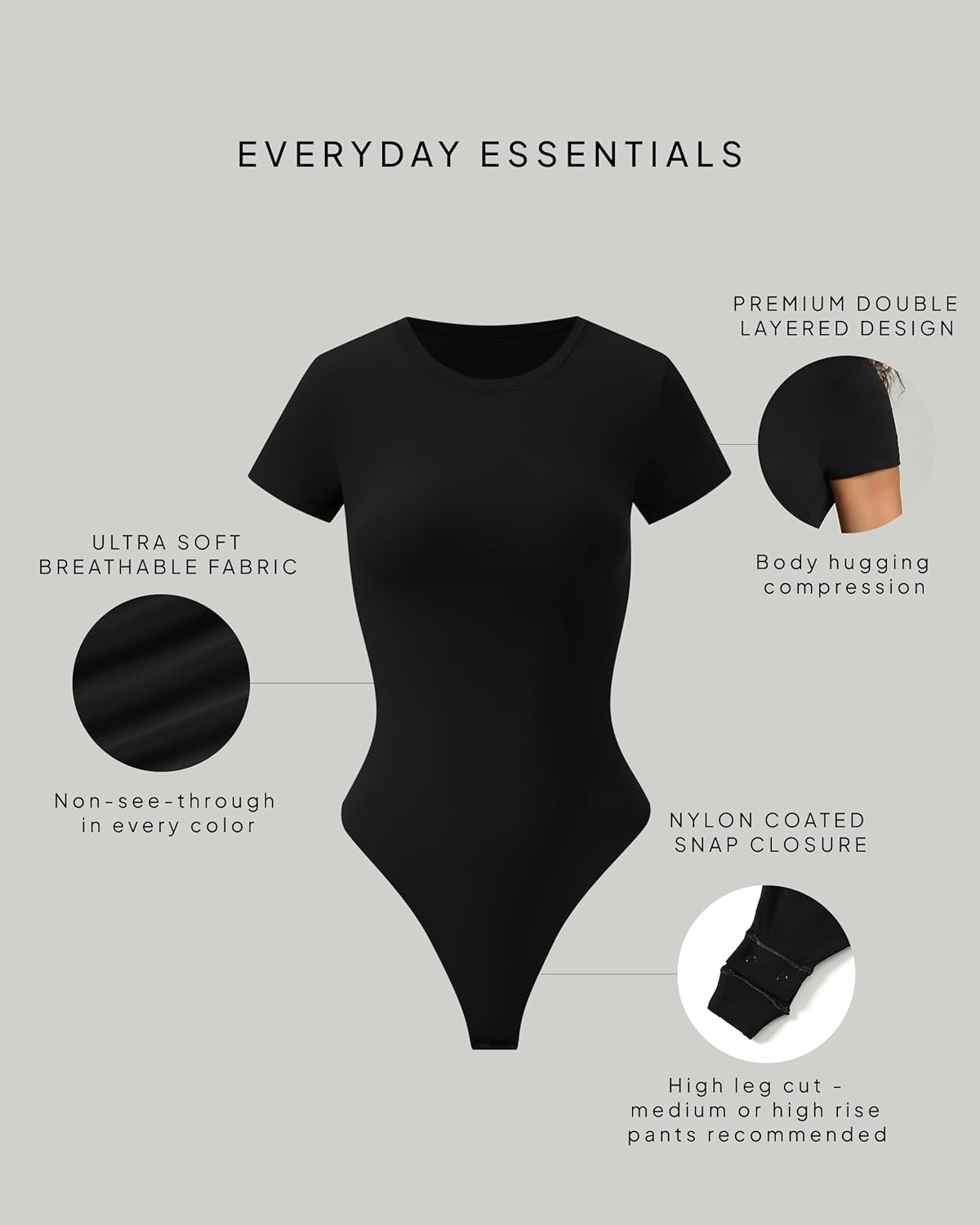 image:imagePAVOI ACTIVE Buttery Soft Short Sleeve Bodysuit for Women Double Lined Thong Bodysuit Crew Neck TShirt Everyday EssentialsBlack