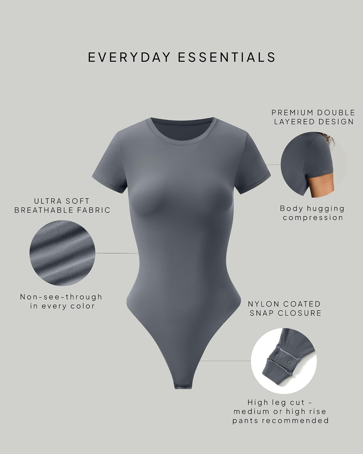 image:imagePAVOI ACTIVE Buttery Soft Short Sleeve Bodysuit for Women Double Lined Thong Bodysuit Crew Neck TShirt Everyday EssentialsThunder