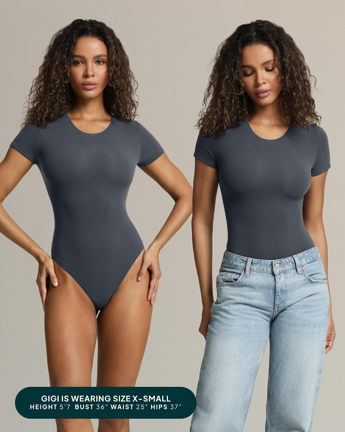 image:imagePAVOI ACTIVE Buttery Soft Short Sleeve Bodysuit for Women Double Lined Thong Bodysuit Crew Neck TShirt Everyday EssentialsThunder