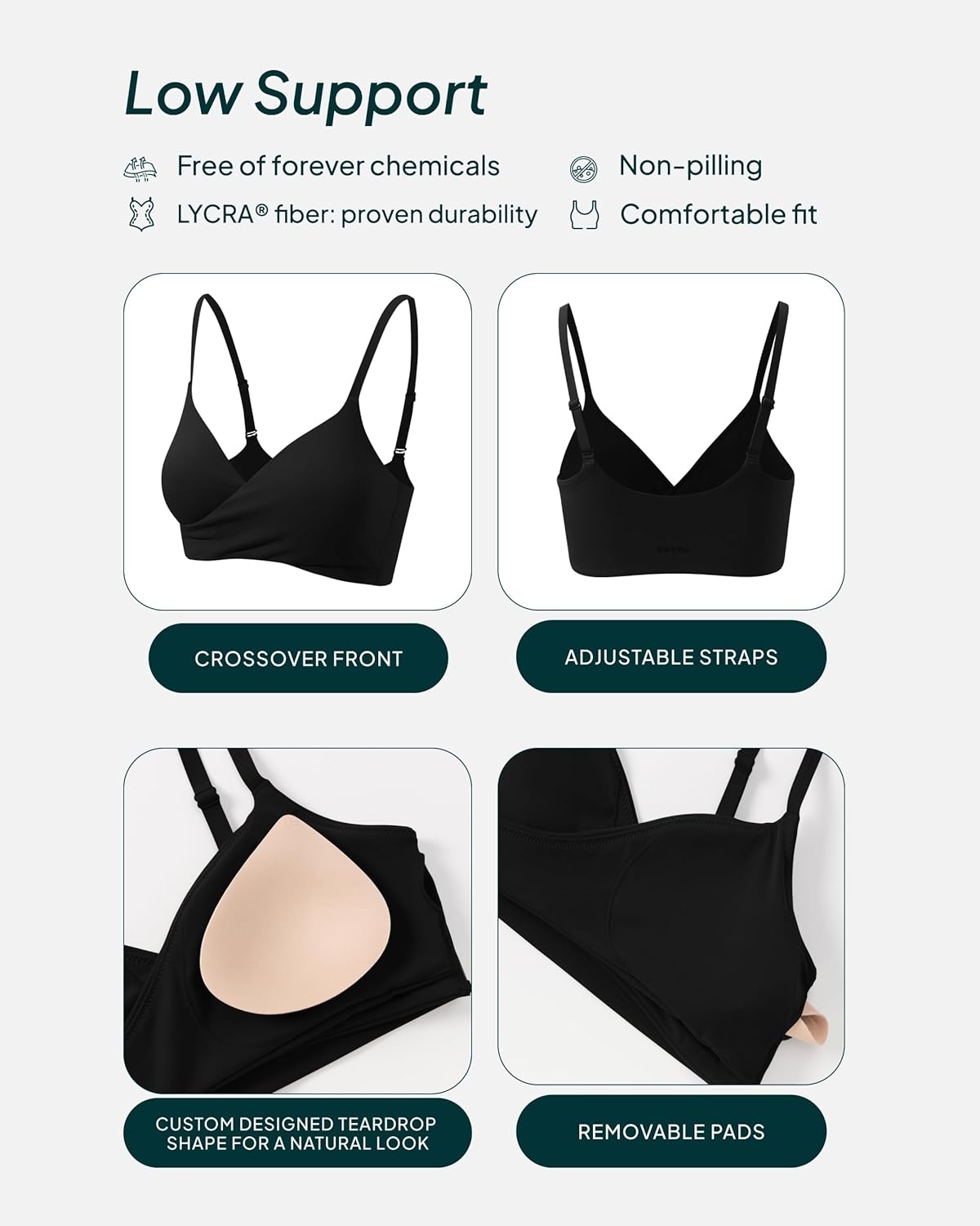 image:imagePAVOI ACTIVE CrossOver Sports Bra for Women Low Support Adjustable Cami Straps Cross Front Workout Yoga Bras FlexFlowBlack