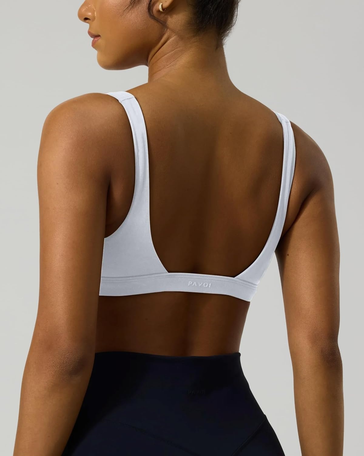 image:imagePAVOI ACTIVE Deep V Neck Sports Bra for Women Low Coverage Open Back V Plunge Low Cut Workout Bra Removable Pads FlexFlowWhite