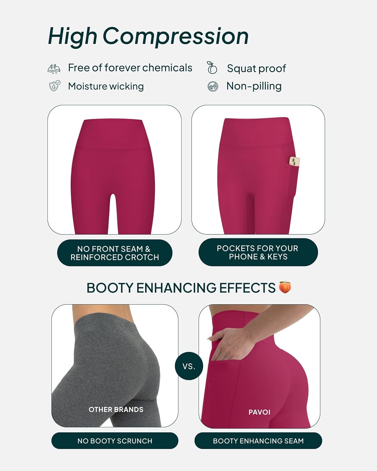 image:imagePAVOI ACTIVE Leggings with Pockets Compressive High Waisted Butt Sculpting Womens Full Length Workout Pants HiPerformBerry
