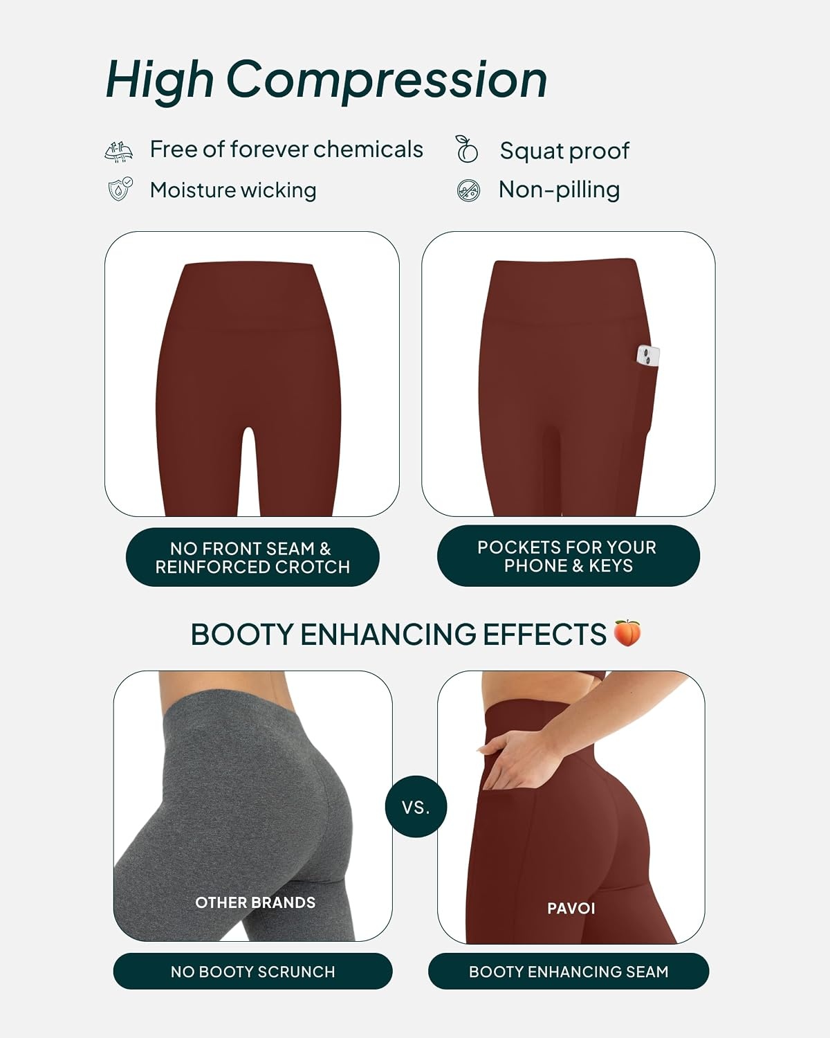 image:imagePAVOI ACTIVE Leggings with Pockets Compressive High Waisted Butt Sculpting Womens Full Length Workout Pants HiPerformChocolate