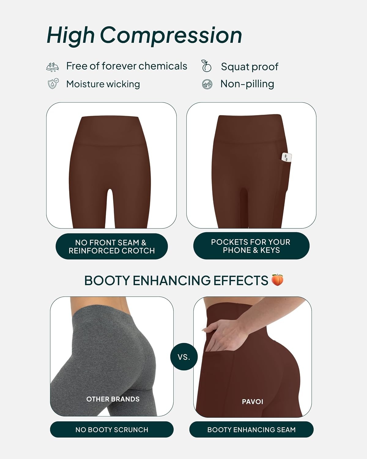 image:imagePAVOI ACTIVE Leggings with Pockets Compressive High Waisted Butt Sculpting Womens Full Length Workout Pants HiPerformCocoa