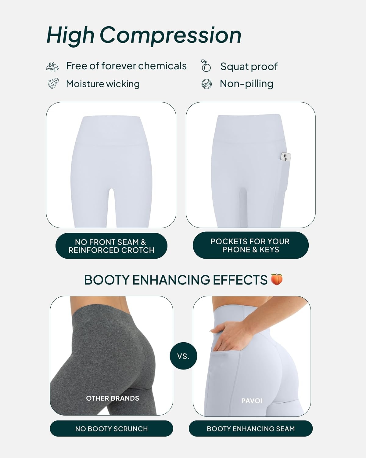 image:imagePAVOI ACTIVE Leggings with Pockets Compressive High Waisted Butt Sculpting Womens Full Length Workout Pants HiPerformSilver