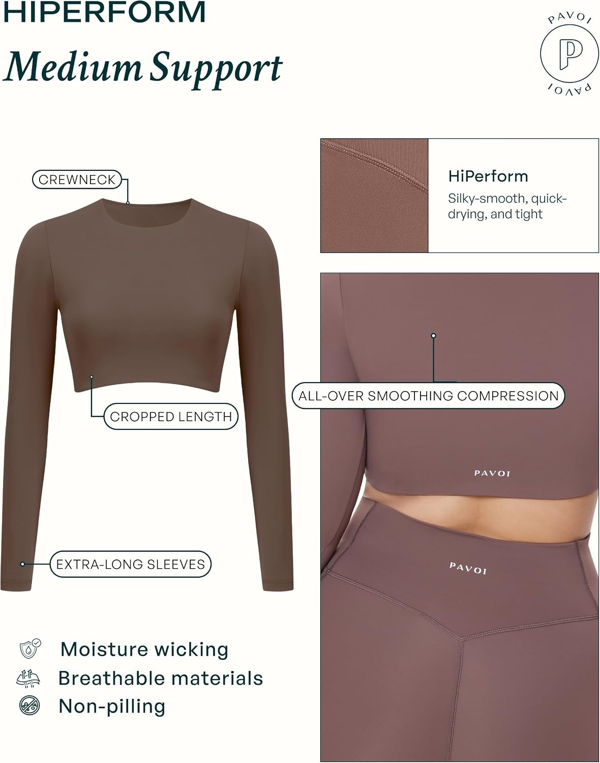 image:imagePAVOI ACTIVE Long Sleeve Crop Top Medium Support Crew Neck MoistureWicking Womens Performance Gym Workout Tee HiPerformTwilight