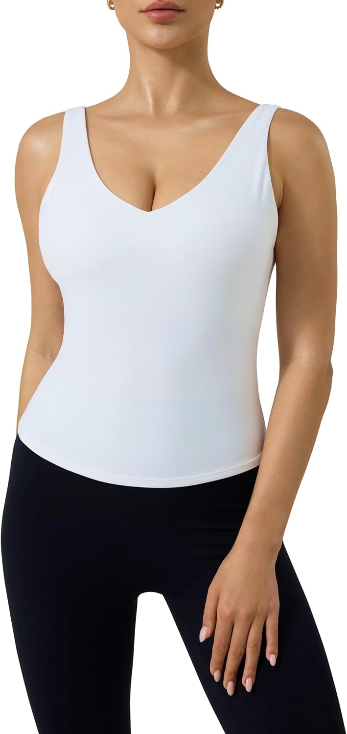 image:imagePAVOI ACTIVE Longline Sports Bra for Women Mid Support Tank Top FlexFlow Wirefree Workout Cropped Tank with Built in Bra V Neck Medium Support Long Sports BraWhite
