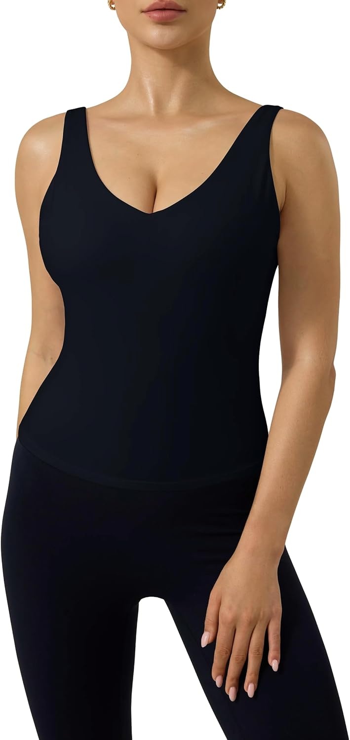 image:imagePAVOI ACTIVE Longline Sports Bra for Women Mid Support Tank Top FlexFlow Wirefree Workout Cropped Tank with Built in Bra V Neck Medium Support Long Sports BraBlack