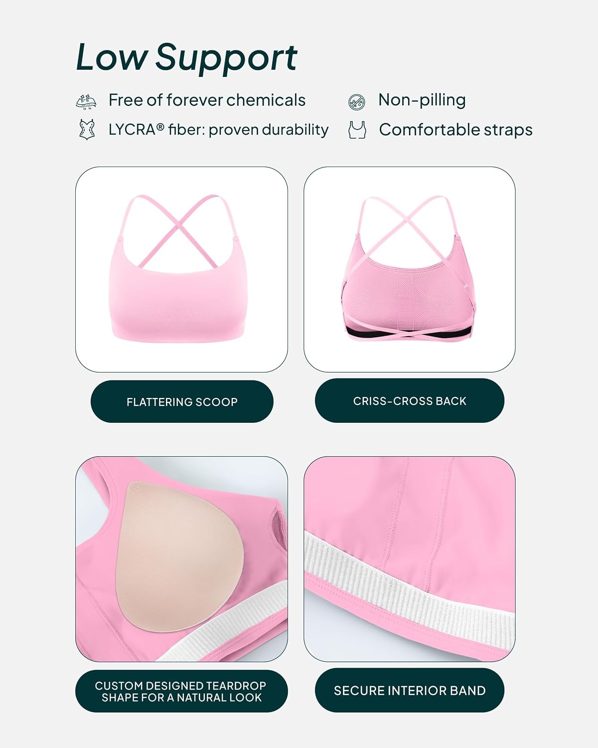 image:imagePAVOI ACTIVE Open Back Strappy Yoga Workout Bras for Women Low Support CrissCross Sports Gym Bra Removable Pads FlexFlowBubblegum