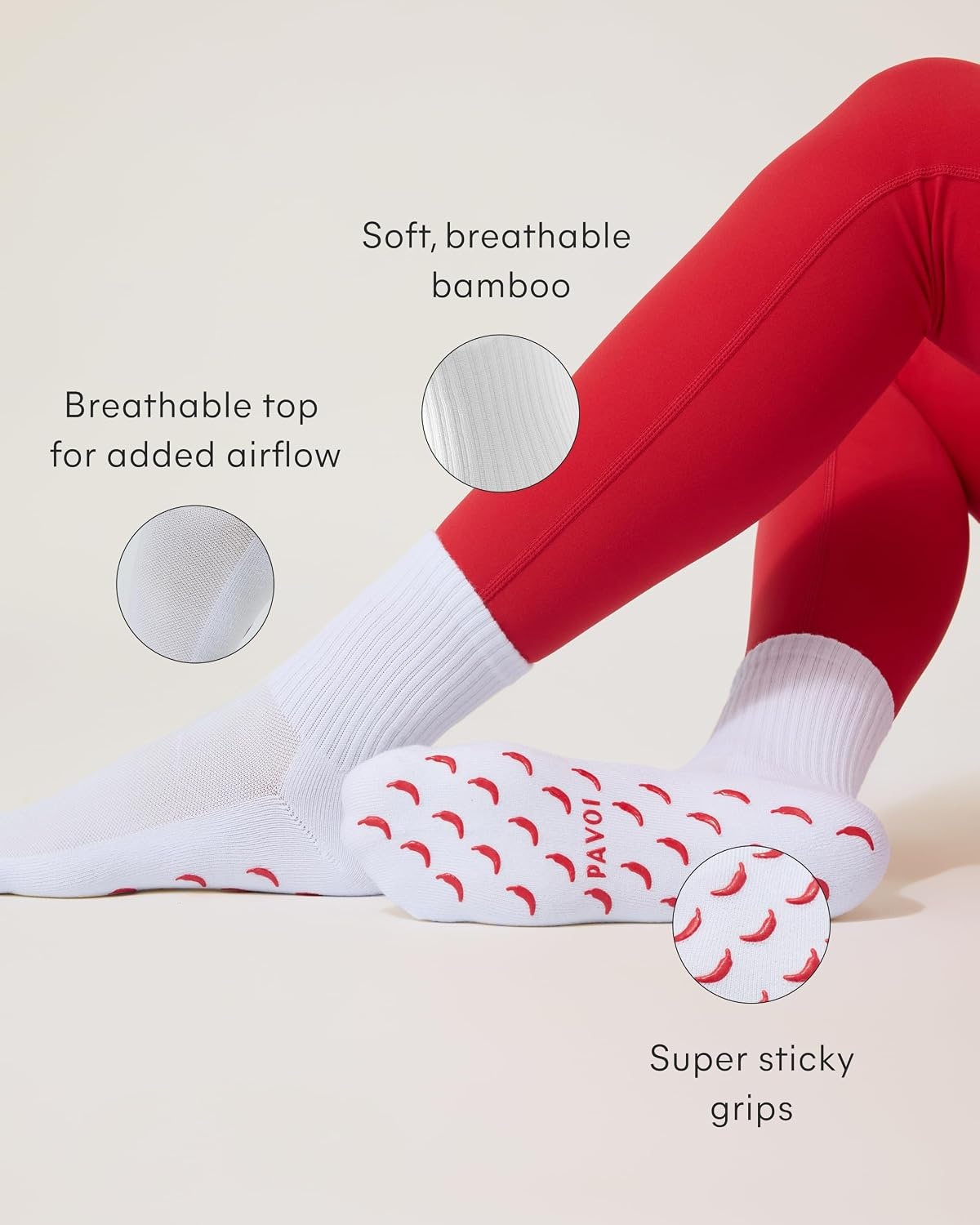image:imagePAVOI ACTIVE Pilates Socks with Grips for Women One Size Non Slip QuarterCrew Grip Socks for Yoga Barre Bamboo BlendChili Pepper