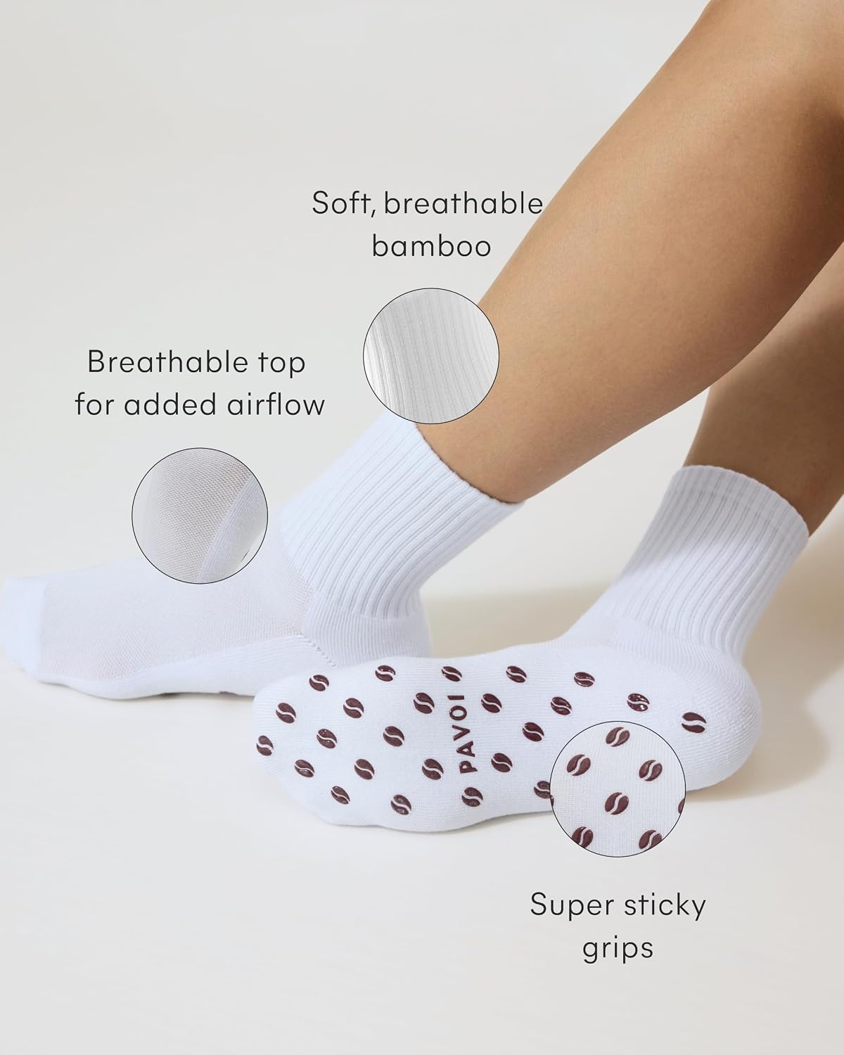 image:imagePAVOI ACTIVE Pilates Socks with Grips for Women One Size Non Slip QuarterCrew Grip Socks for Yoga Barre Bamboo BlendCoffee Bean