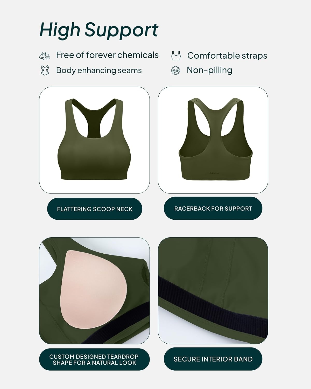 image:imagePAVOI ACTIVE Racerback Supportive Sports Bras for Women High Support Scoop Neck Gym Workout Bra Removable Pads HiPerformArmy