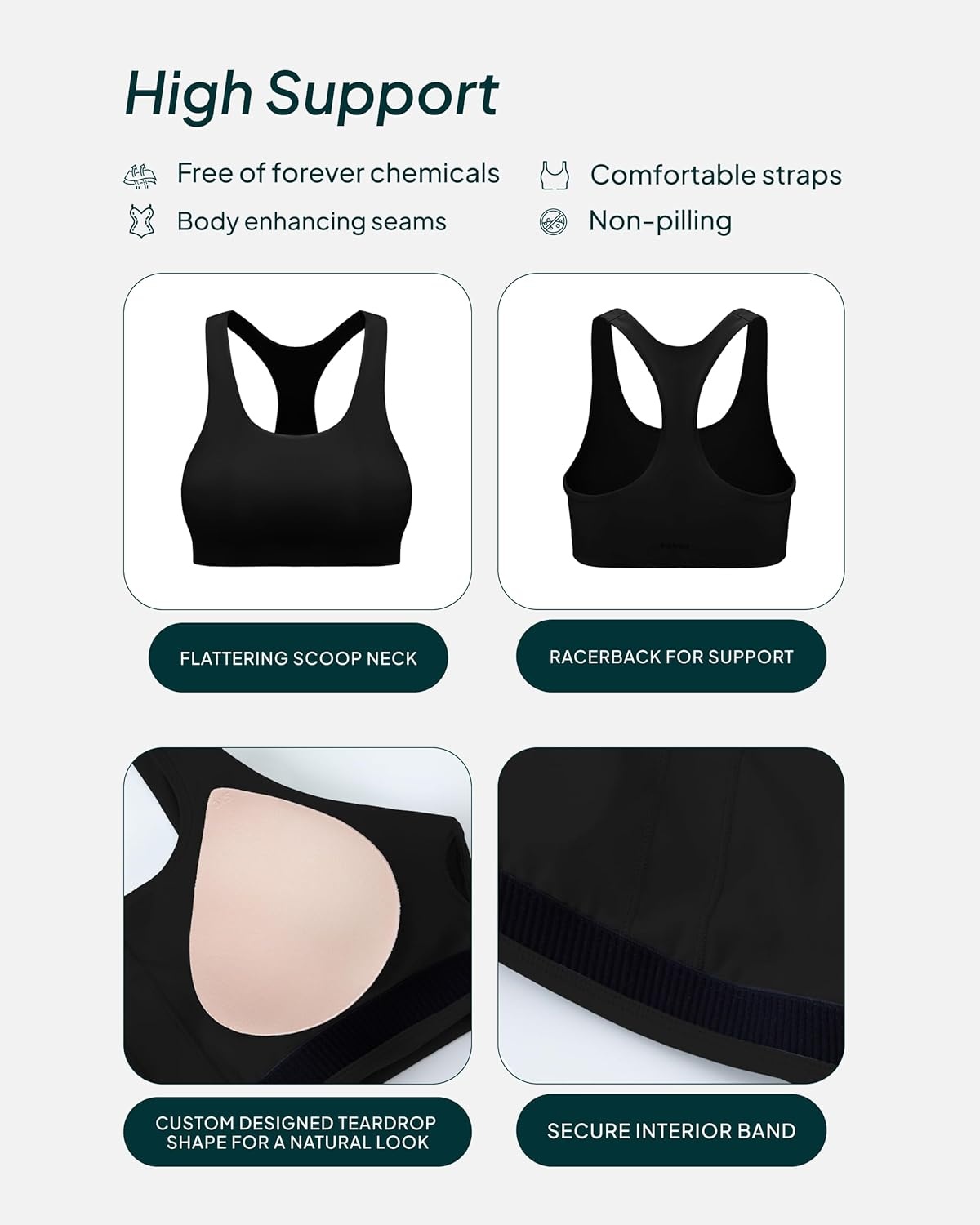 image:imagePAVOI ACTIVE Racerback Supportive Sports Bras for Women High Support Scoop Neck Gym Workout Bra Removable Pads HiPerformBlack