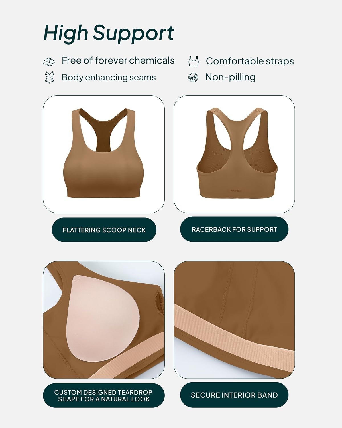 image:imagePAVOI ACTIVE Racerback Supportive Sports Bras for Women High Support Scoop Neck Gym Workout Bra Removable Pads HiPerformCafe