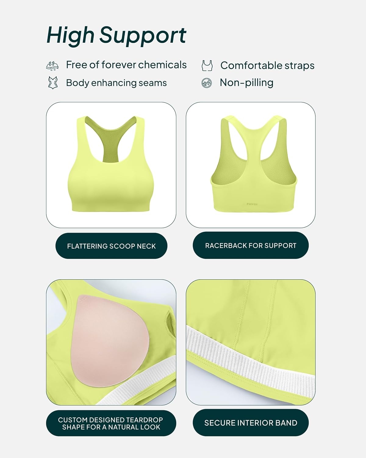 image:imagePAVOI ACTIVE Racerback Supportive Sports Bras for Women High Support Scoop Neck Gym Workout Bra Removable Pads HiPerformCitron