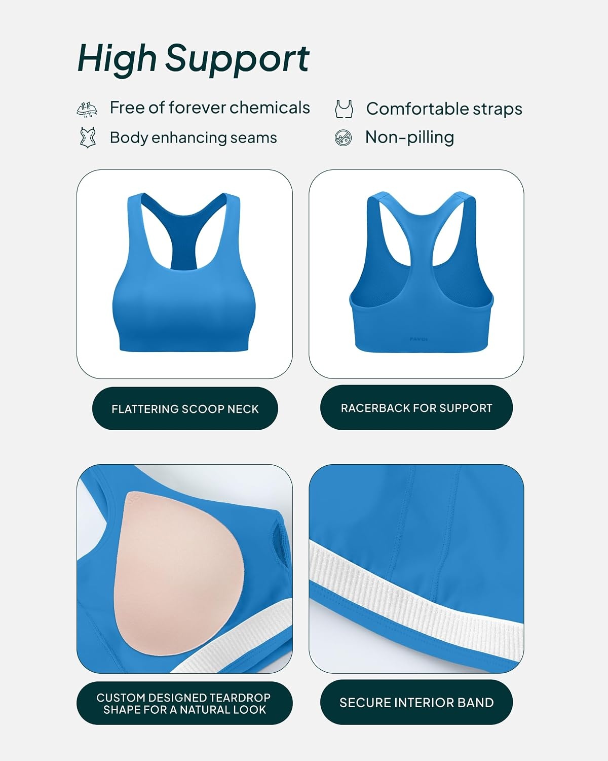 image:imagePAVOI ACTIVE Racerback Supportive Sports Bras for Women High Support Scoop Neck Gym Workout Bra Removable Pads HiPerformRoyal Blue
