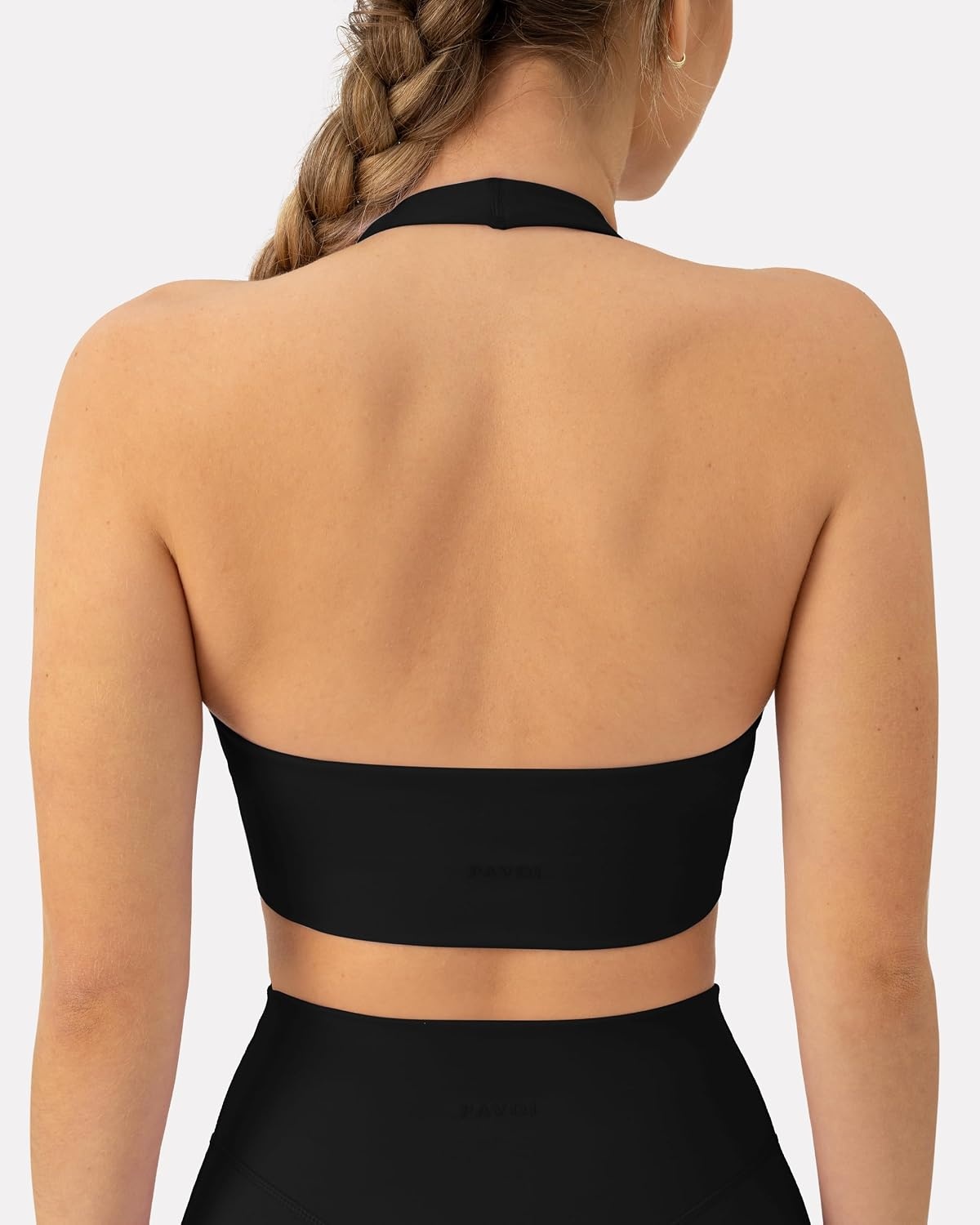 image:imagePAVOI ACTIVE Ruching Workout Halter Bra for Women Low Support V Neck Yoga Backless Sports Bra Padded Halter Top FlexFlowBlack