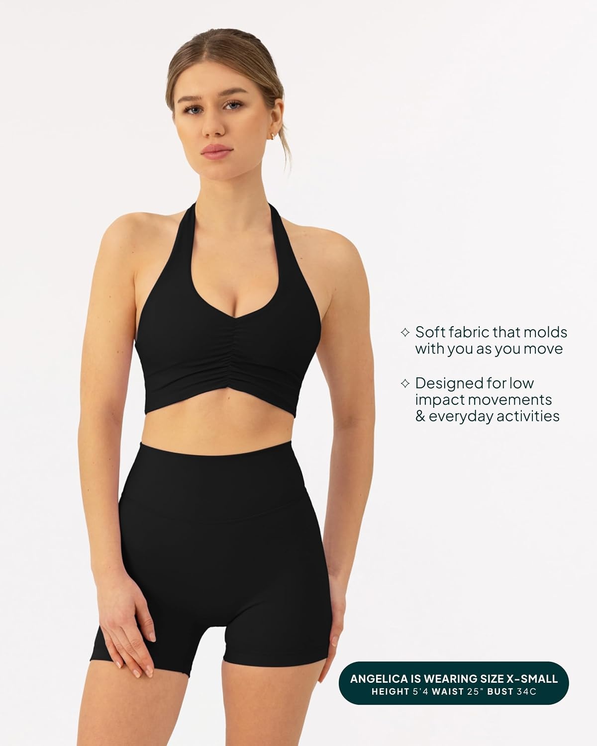 image:imagePAVOI ACTIVE Ruching Workout Halter Bra for Women Low Support V Neck Yoga Backless Sports Bra Padded Halter Top FlexFlowBlack